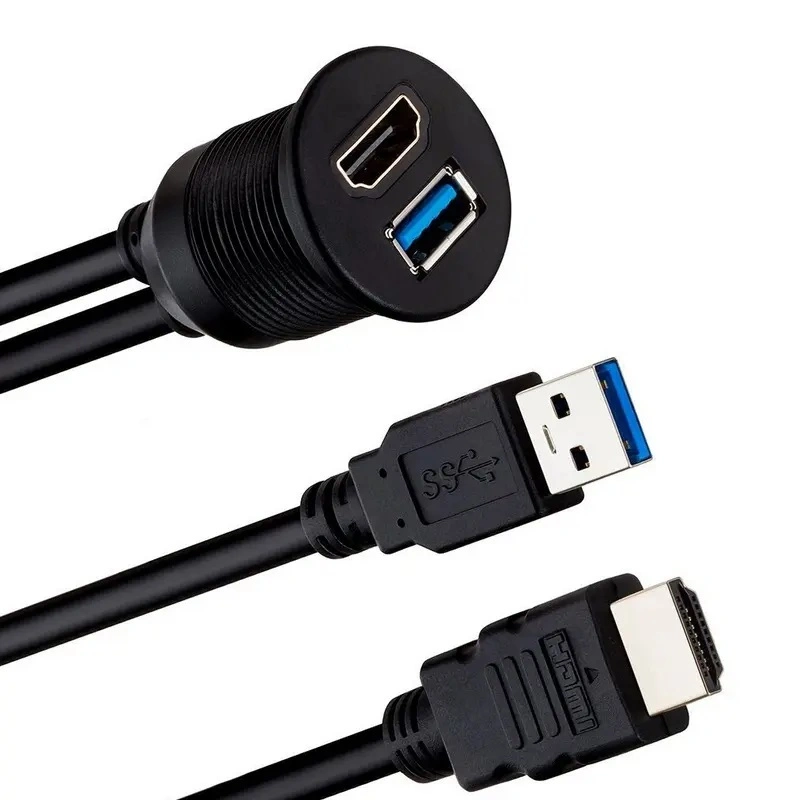 HDMI USB2.0 Car Front Panel Mount Cable Male to Female Waterproof Extension Cable